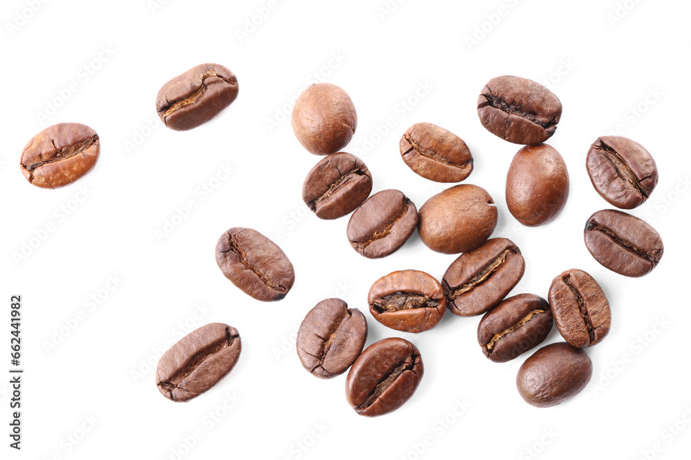 Many roasted coffee beans isolated on white, top view Many roasted coffee beans isolated on white, top view