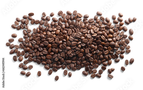 Pile of roasted coffee beans isolated on white, top view © New Africa
