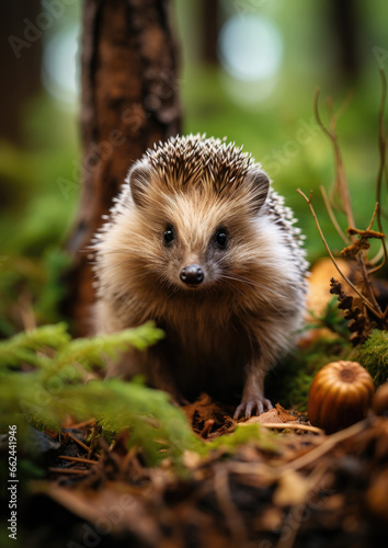 small prickly hedgehog in the forest  urchin  wildlife  animal  green grass  macro photography  plants  mammal  needles  spines  background