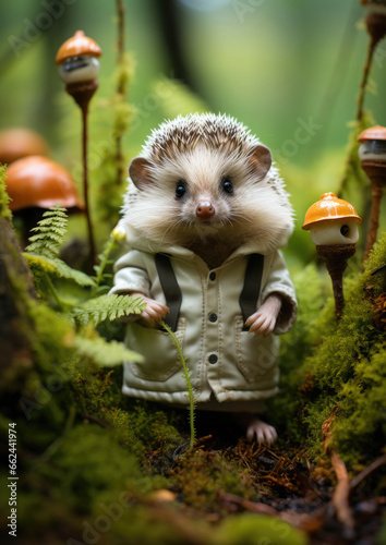 small prickly hedgehog in a jacket, urchin tourist, forest, hike, fairy-tale character, nature, traveler, fantasy, toy, wild animal