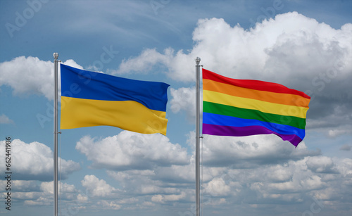 Gay Pride and Ukraine flags, country relationship concept