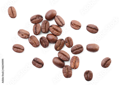 Many roasted coffee beans isolated on white  top view