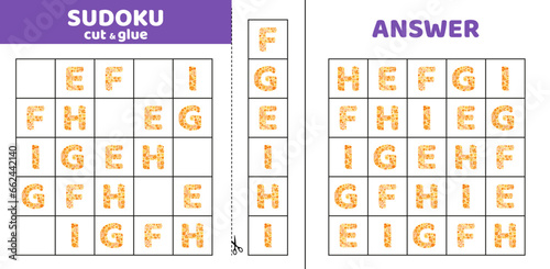 Sudoku with five orang floral letters. Game puzzle for kids. Cut and glue. Doodle