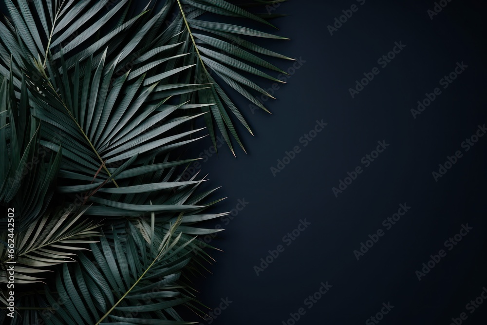 Green tropical tree palm leaves with sunny shadow on black wall as background. Shadows of leaves in sunlight. Copy space. Minimal stylish background for presentation