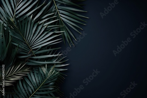 Green tropical tree palm leaves with sunny shadow on black wall as background. Shadows of leaves in sunlight. Copy space. Minimal stylish background for presentation