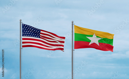 Myanmar Faso and USA flags, country relationship concept