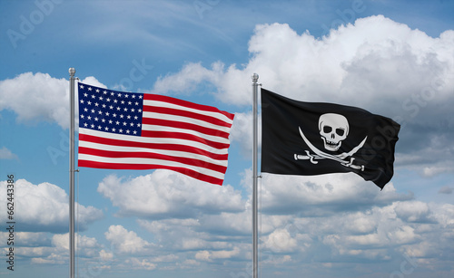 Pirate and USA flags, country relationship concept