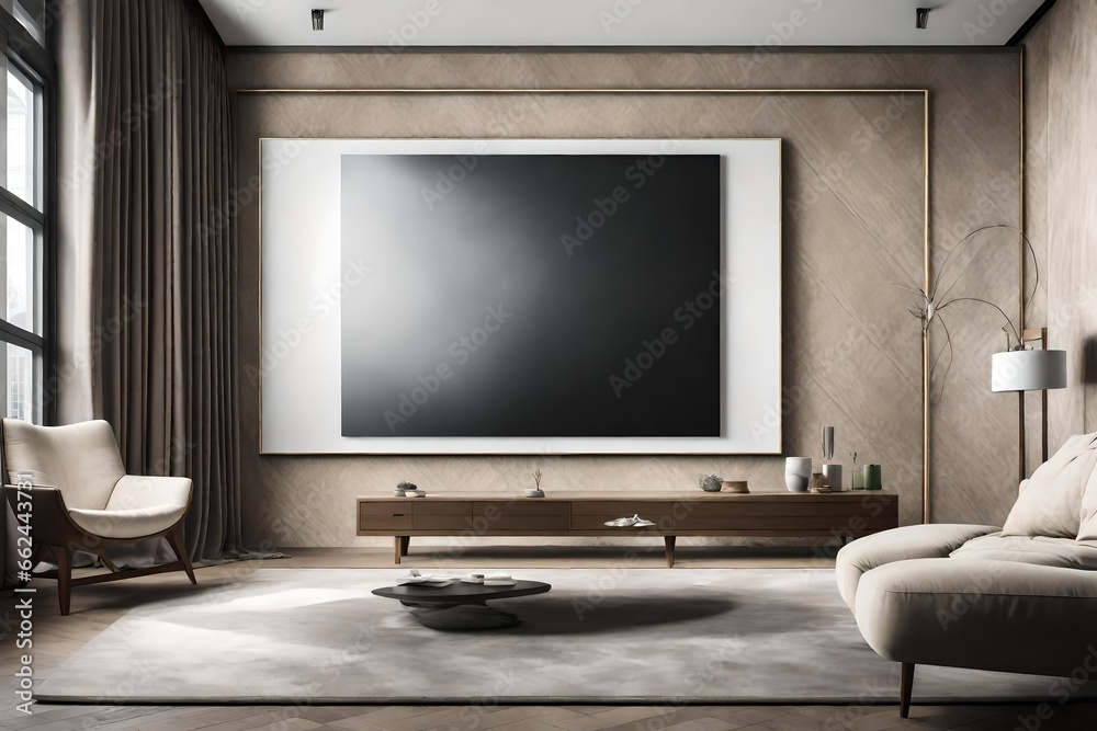 A Canvas Frame for a mockup in a modern TV room, juxtaposed against a tactile fabric wall panel A Canvas Frame for a mockup in a modern TV room, juxtaposed against a tactile fabric wall panel