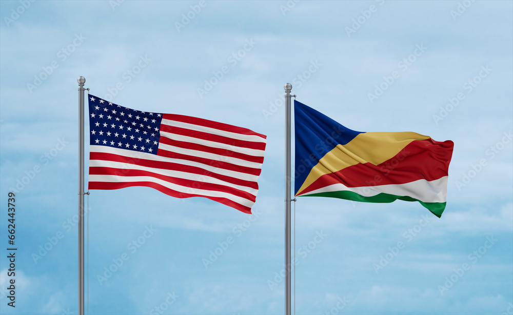 Seychelles and USA flags, country relationship concept