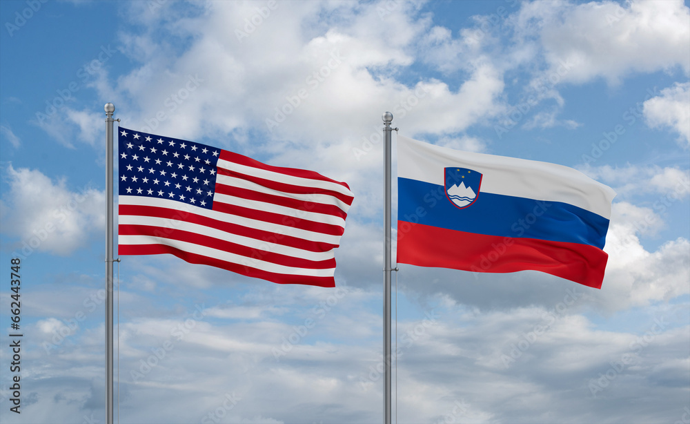 Slovenia and USA flags, country relationship concept