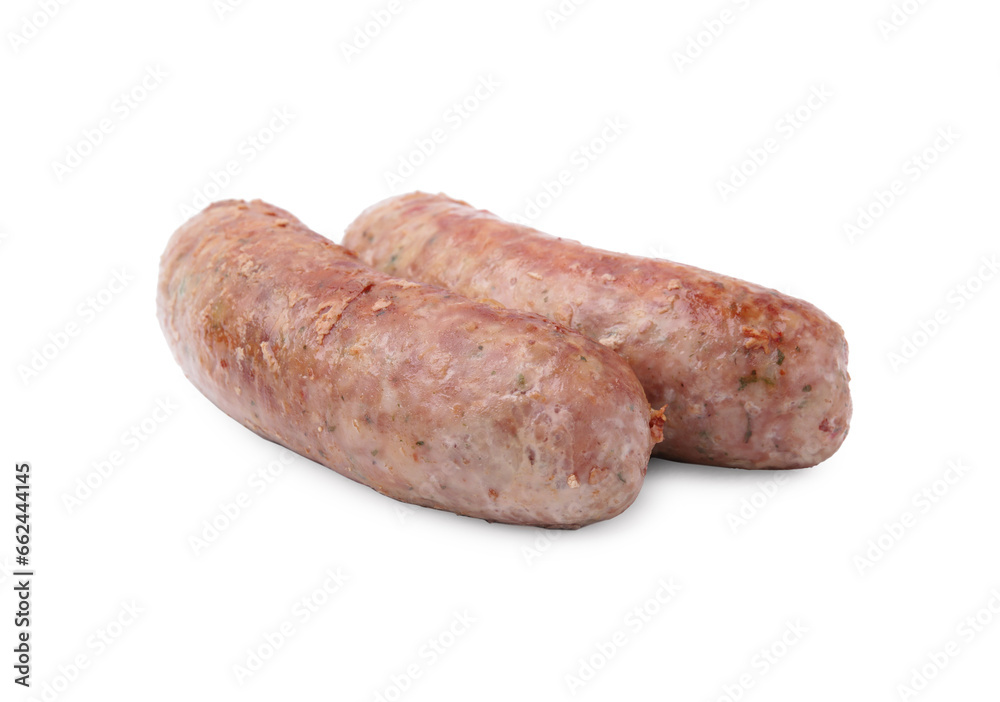 Two tasty homemade sausages isolated on white Two tasty homemade sausages isolated on white