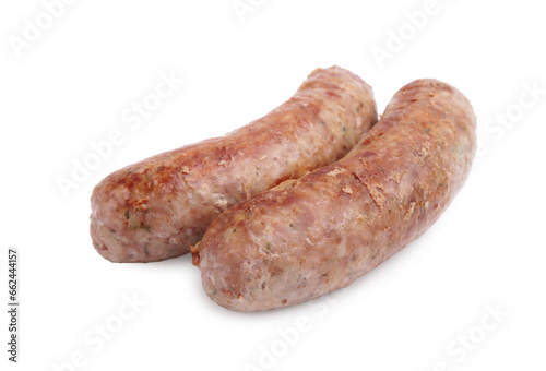 Two tasty homemade sausages isolated on white