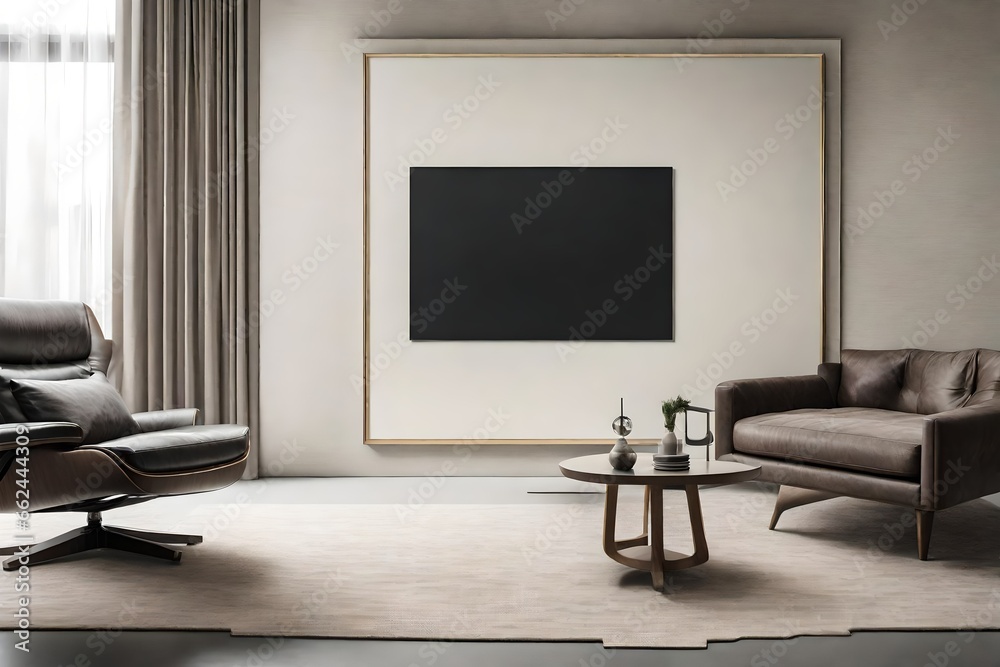 A Canvas Frame for a mockup in a modern TV room, juxtaposed against a tactile fabric wall panel