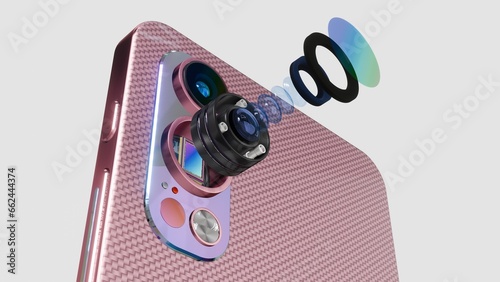 Pink gold smartphone double camera close up with metallic finish, lens exploded view, futuristic 3D rendering