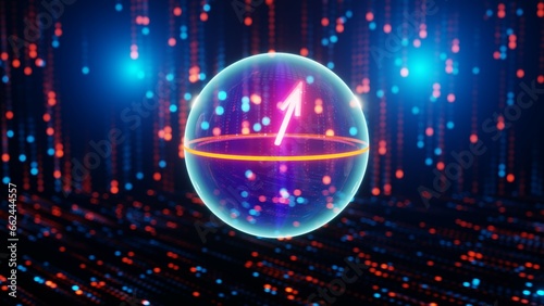 Quantum qubit in superposition state, bloch sphere, visualisation of concept of quantum coputing, illustration, 3D rendering