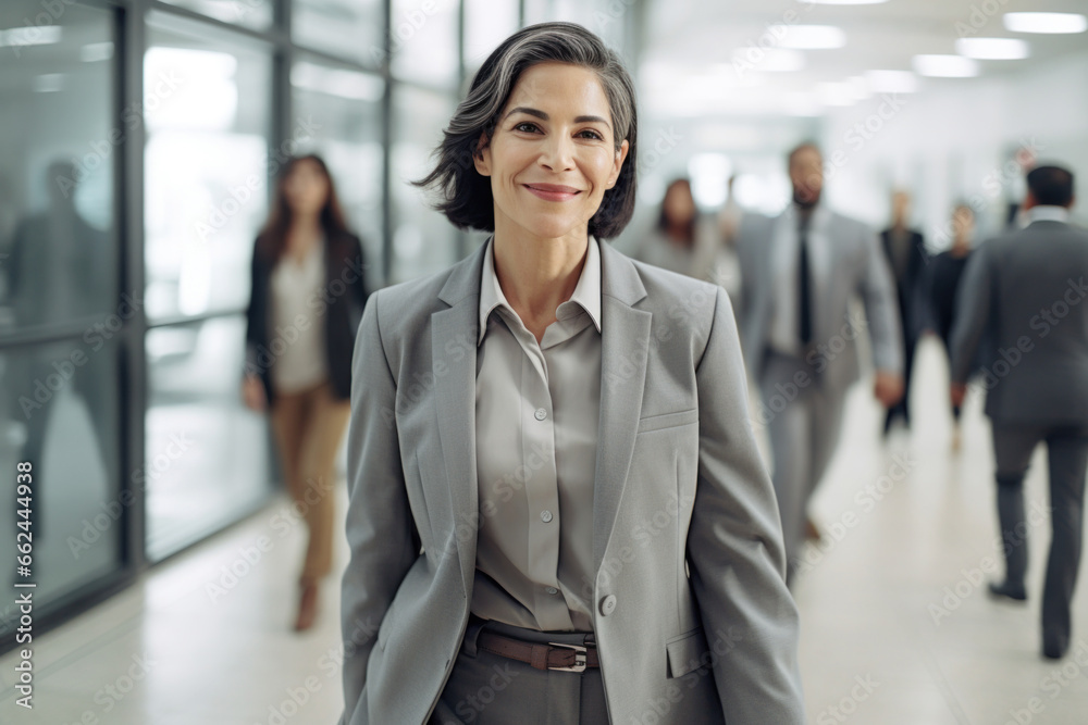 A Hispanic businesswoman smiles and looks at the camera as she walks down a hallway followed by her colleagues. A Hispanic businesswoman smiles and looks at the camera as she walks down a hallway followed by her colleagues.