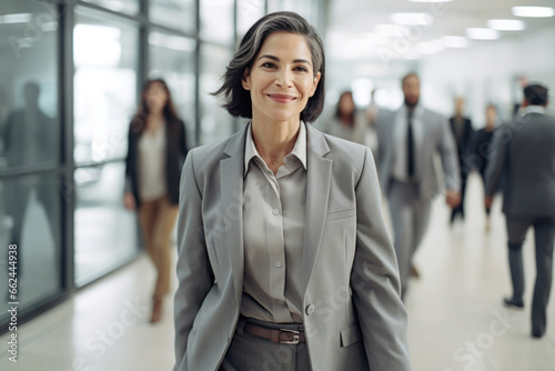 A Hispanic businesswoman smiles and looks at the camera as she walks down a hallway followed by her colleagues.