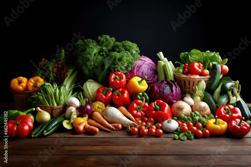 Composition with variety of raw organic vegetables on wooden table. Balanced vegetarian diet