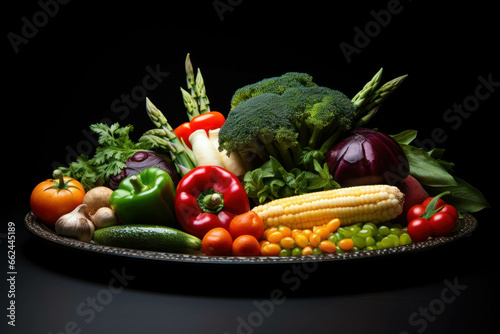 Composition with variety of raw organic vegetables on dark background. Balanced diet
