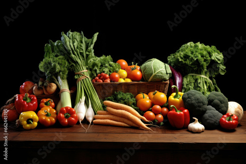 Composition with variety of raw organic vegetables on wooden table. Balanced vegetarian diet