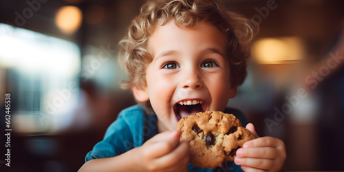 Close up portrait of a happy toddler kid eating a fresh baked cookie, blurred background photo