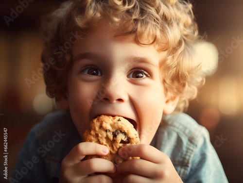 Close up portrait of a happy toddler kid eating a fresh baked cookie  blurred background