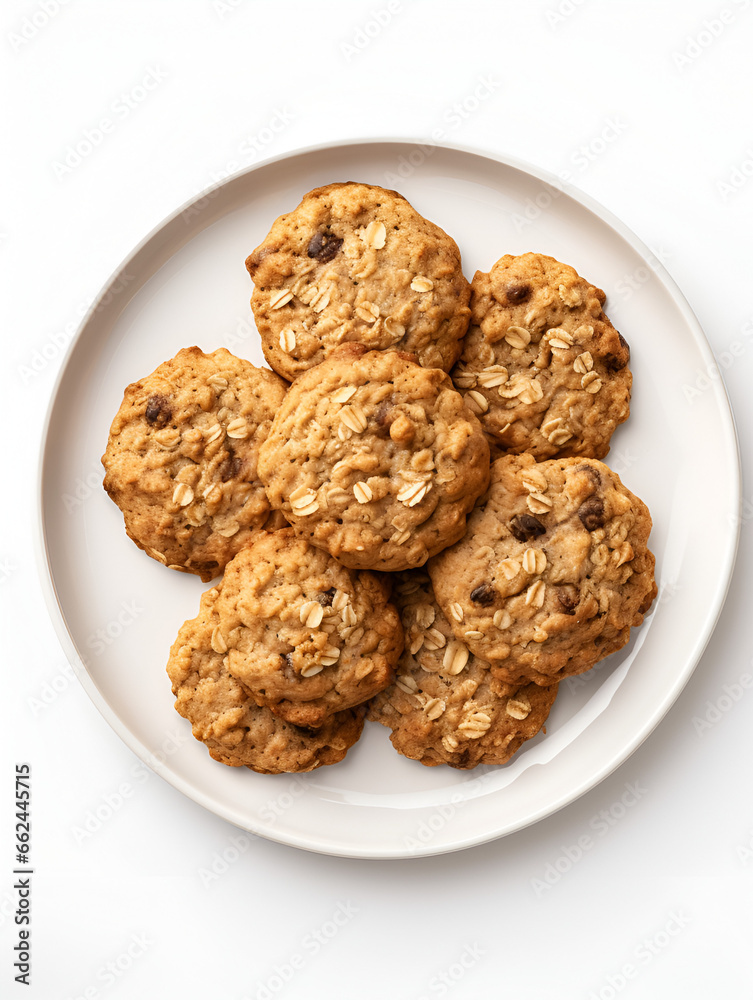 Top view of fresh baked oatmeal cookies on baking rack, white plate and white background Top view of fresh baked oatmeal cookies on baking rack, white plate and white background