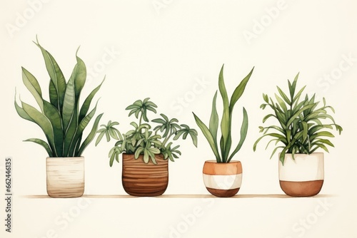 A painting of three potted plants on a shelf