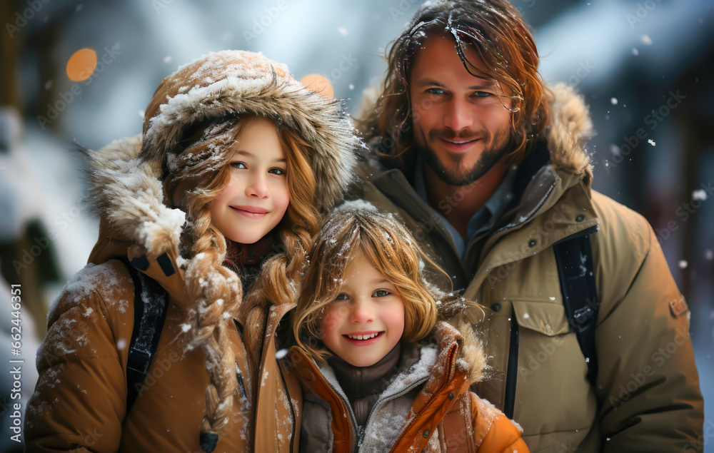 a family in winter is in the snow, warmly posing, it's snowing, a family in winter is in the snow, warmly posing, it's snowing,