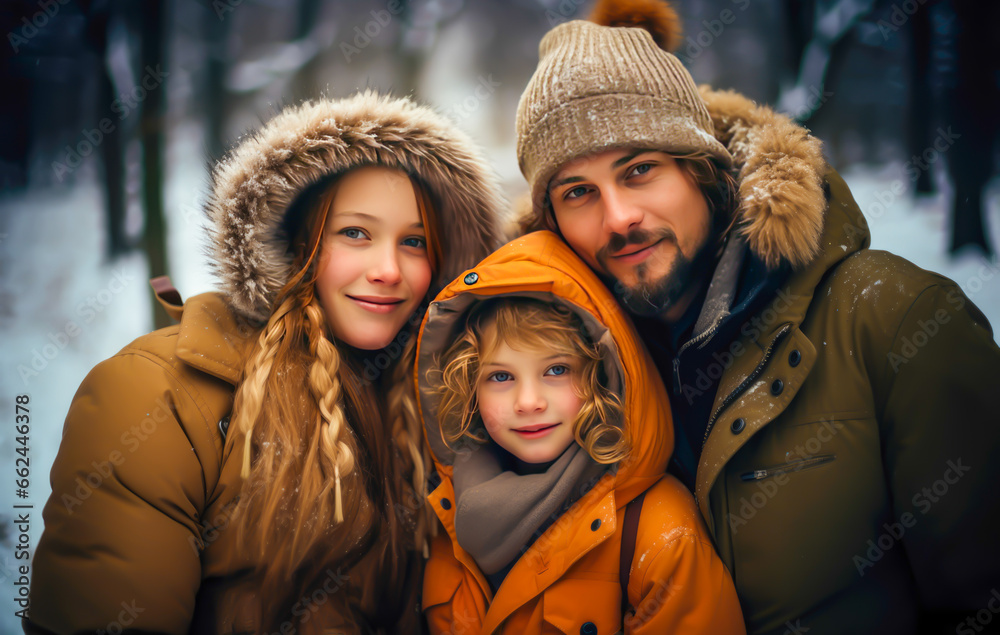 a family in winter is in the snow, warmly posing, it's snowing,