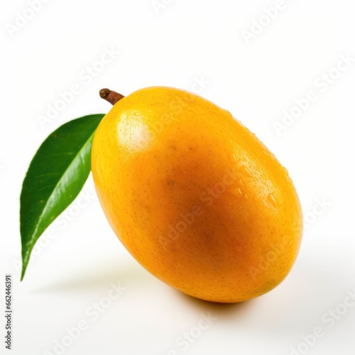 A mango with a leaf on a white surface