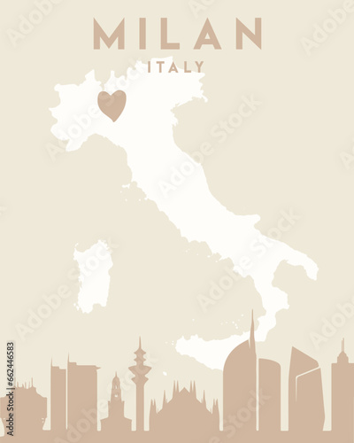 Poster featuring a love-heart shaped collage of landmarks of the city of Milan, Italy