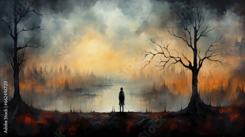A painting of a person standing in front of a lake depression and despair.