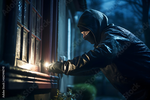 Masked burglar breaking into house at night photo