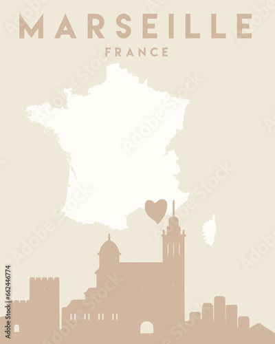 a beige poster depicting a view of marseille, paris in silhouettes