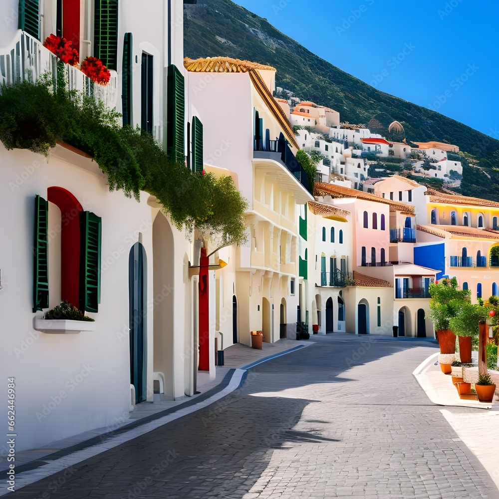 A tranquil Mediterranean coastal town with white-washed buildings1, Generative AI