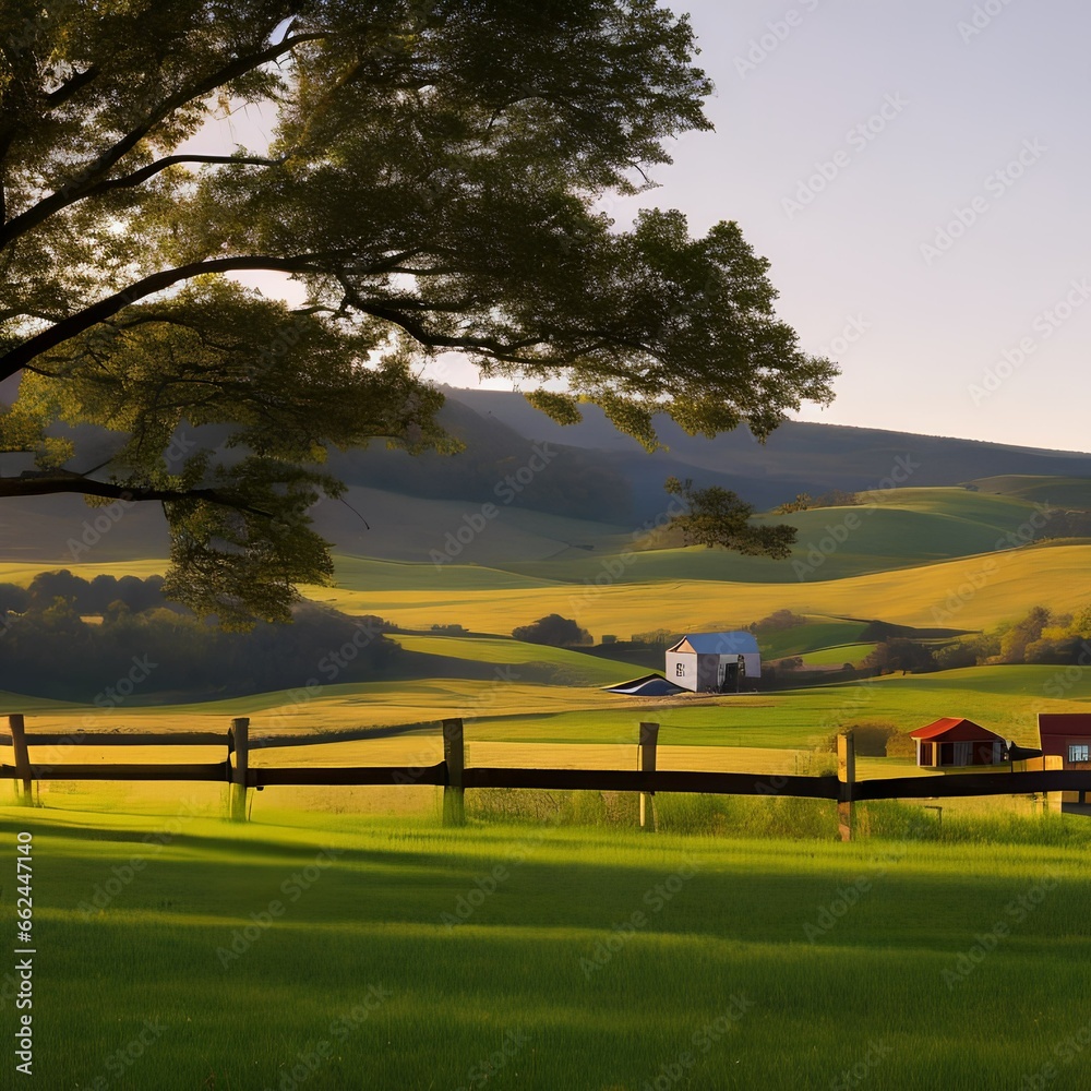 Fototapeta premium A peaceful countryside landscape with rolling hills and a rustic farmhouse1, Generative AI