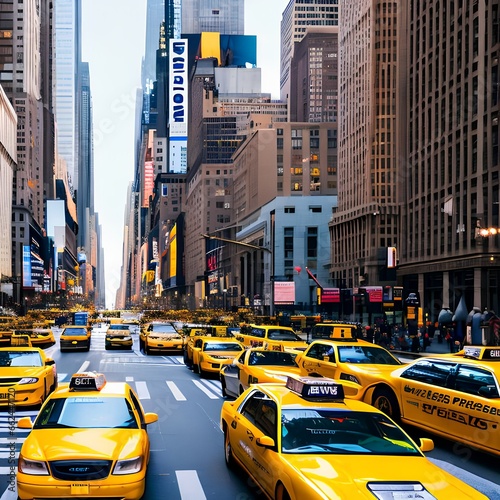 A bustling street in New York City with iconic yellow taxis and skyscrapers1  Generative AI