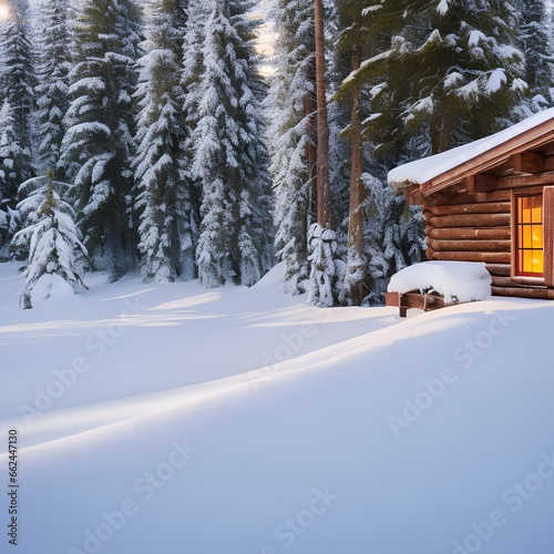A tranquil winter scene with snow-covered pine trees and a cozy cabin2, Generative AI © Ai.Art.Creations