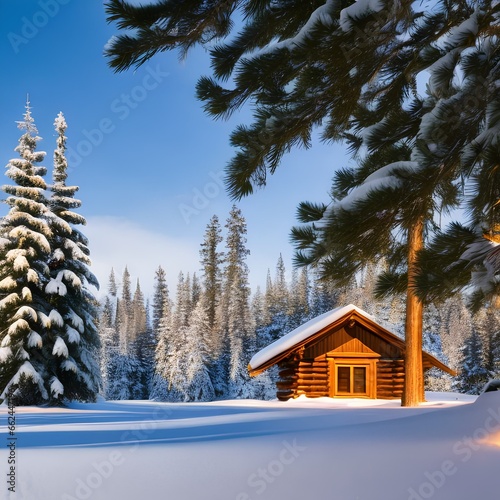 A tranquil winter scene with snow-covered pine trees and a cozy cabin5, Generative AI