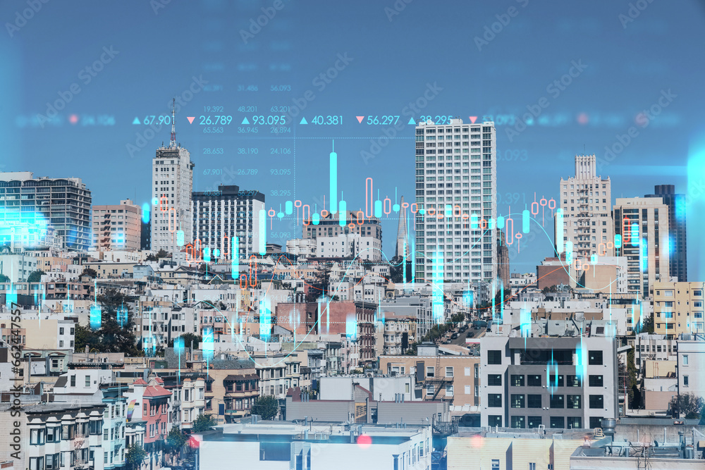 Panorama cityscape view of San Francisco financial downtown from rooftop, day time, California, US. Forex graph hologram. The concept of internet trading, brokerage and fundamental analysis, charts