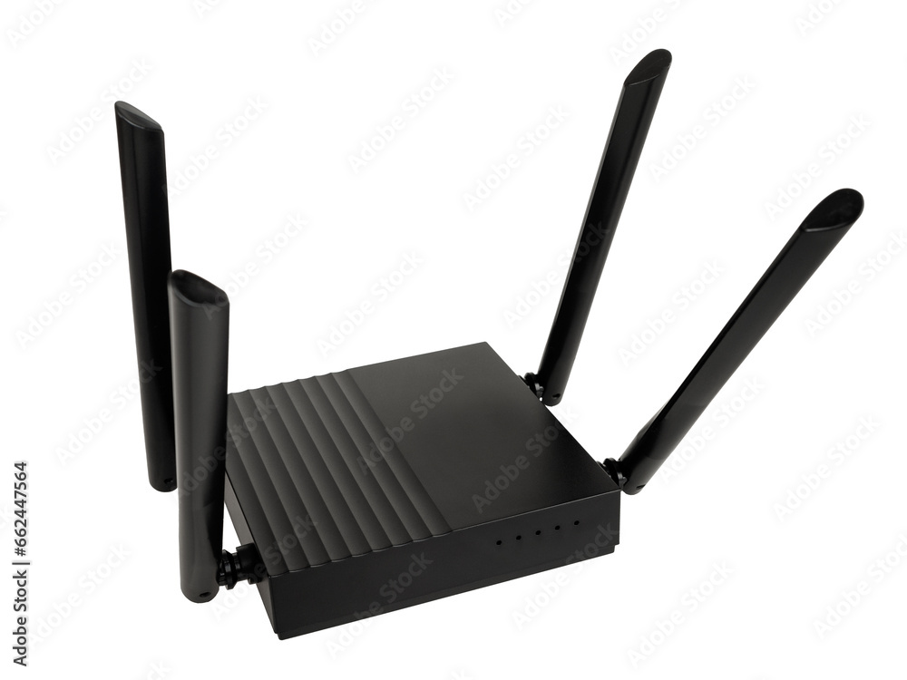 Fototapeta premium Wireless Wi-Fi router with antennas for connecting and transmitting the Internet for home and office isolated on a white background