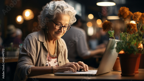 Old grandma works on the laptop