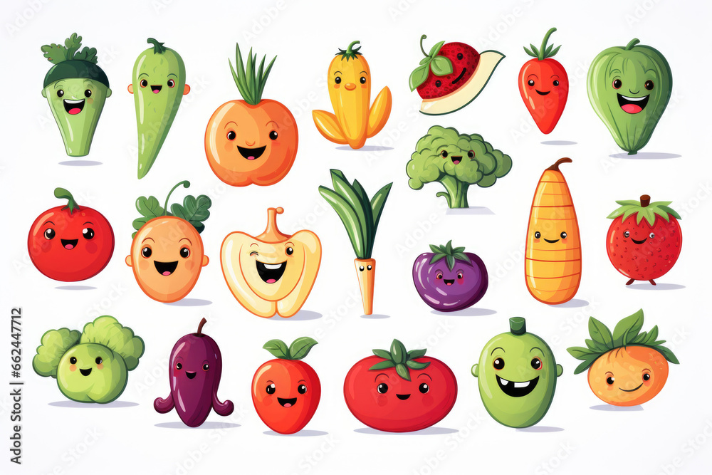 A group of cartoon fruits and vegetables with faces A group of cartoon fruits and vegetables with faces