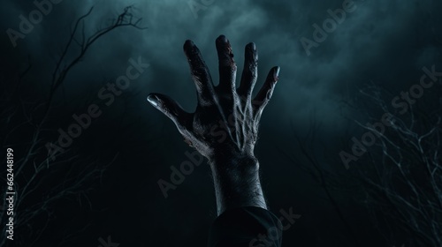 A creepy hand reaching up into the dark sky