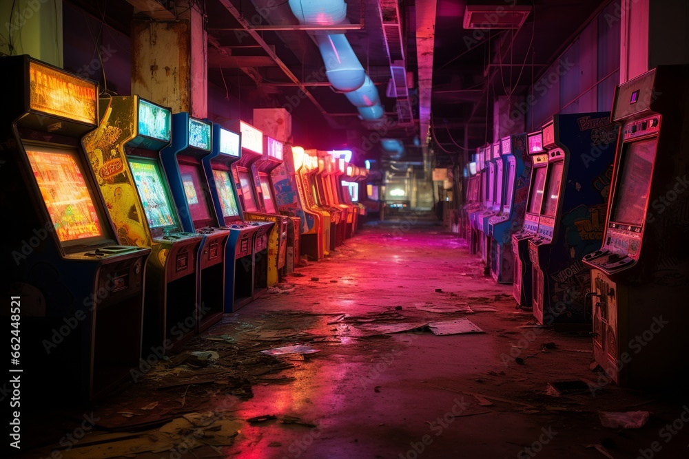 An acrylic painting capturing a spectral, abandoned arcade, where once-cherished machines now rest beneath cobwebs and dust, immersed in an ambience rich with lost memories