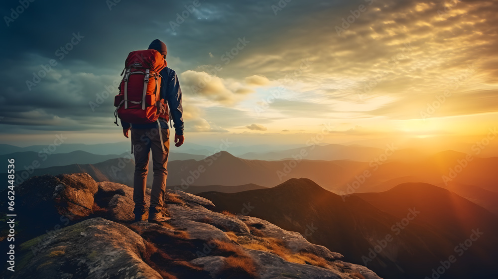 Un randonneur arrivé au sommet d'une montagne avec un coucher de soleil. 