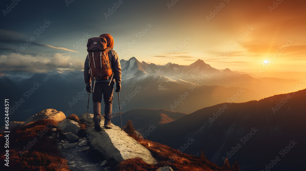 Un randonneur dans les montagnes avec un coucher de soleil. - obrazy, fototapety, plakaty 