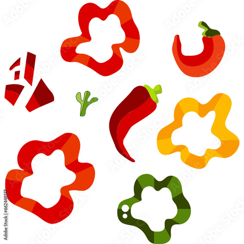 Pepper. Ingredients for pizza. Red pepper, bitter sliced. Capsicum. Vector drawing. Doodle for salad, Pizzeria and cafe. Pepper slices.
