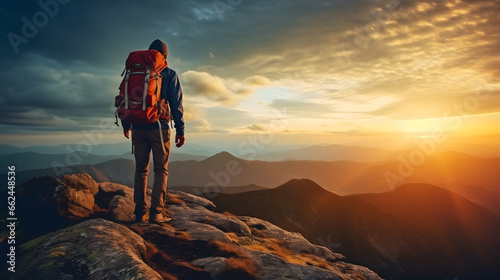 Un randonneur arrivé au sommet d'une montagne avec un coucher de soleil. 